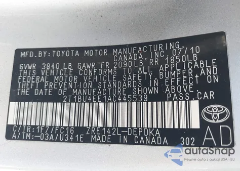 2010 Toyota Corolla Le z USA, uszkodzony, nr VIN 2T1BU4EE1AC445539